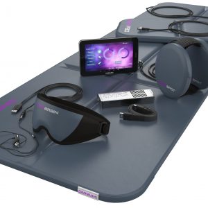 Omnium1 2.0 Complete Combo showing portable PEMF mat, with local PEMF applicators, tablet controller, accessories, and OmniBrain light & sound (brainwave) entrainment