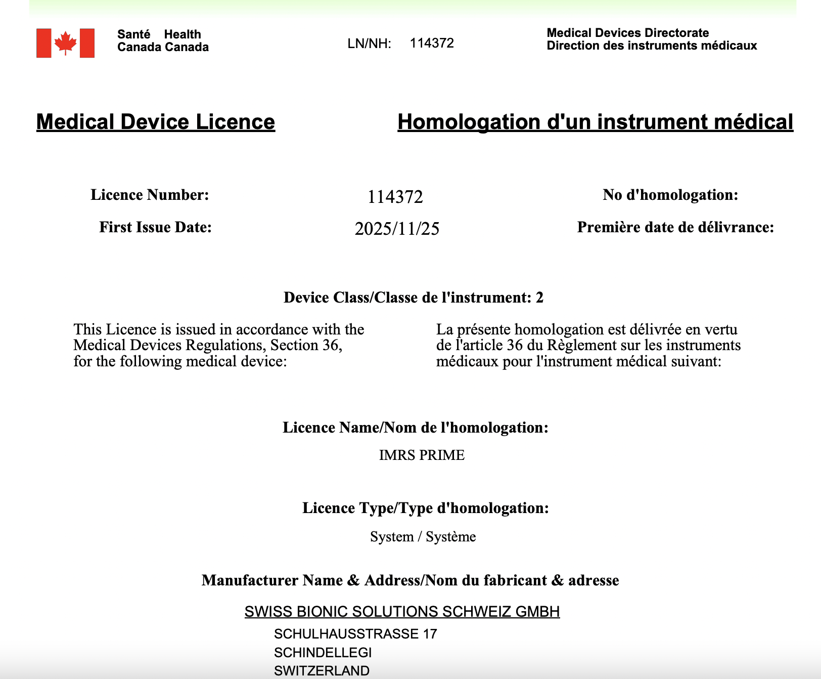 iMRS Prime Health Canada Class II Approval Certificate