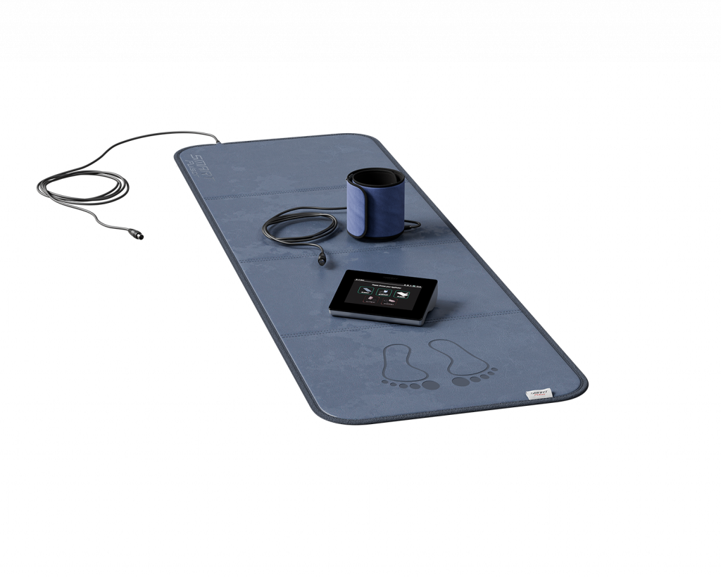 SmartPulser PEMF system complete set showing full-body PEMF mat, touchscreen control unit, and flexible S.Wrap applicator