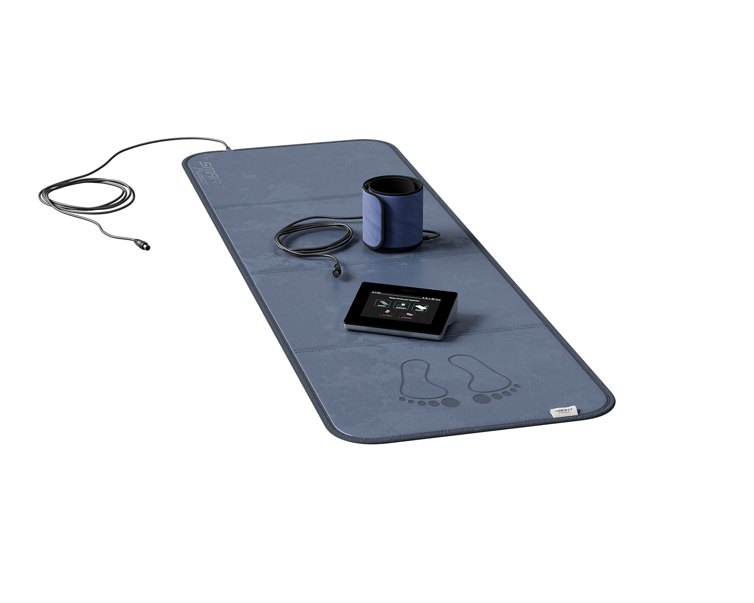 SmartPulser PEMF system complete set showing full-body PEMF mat, touchscreen control unit, and flexible S.Wrap applicator