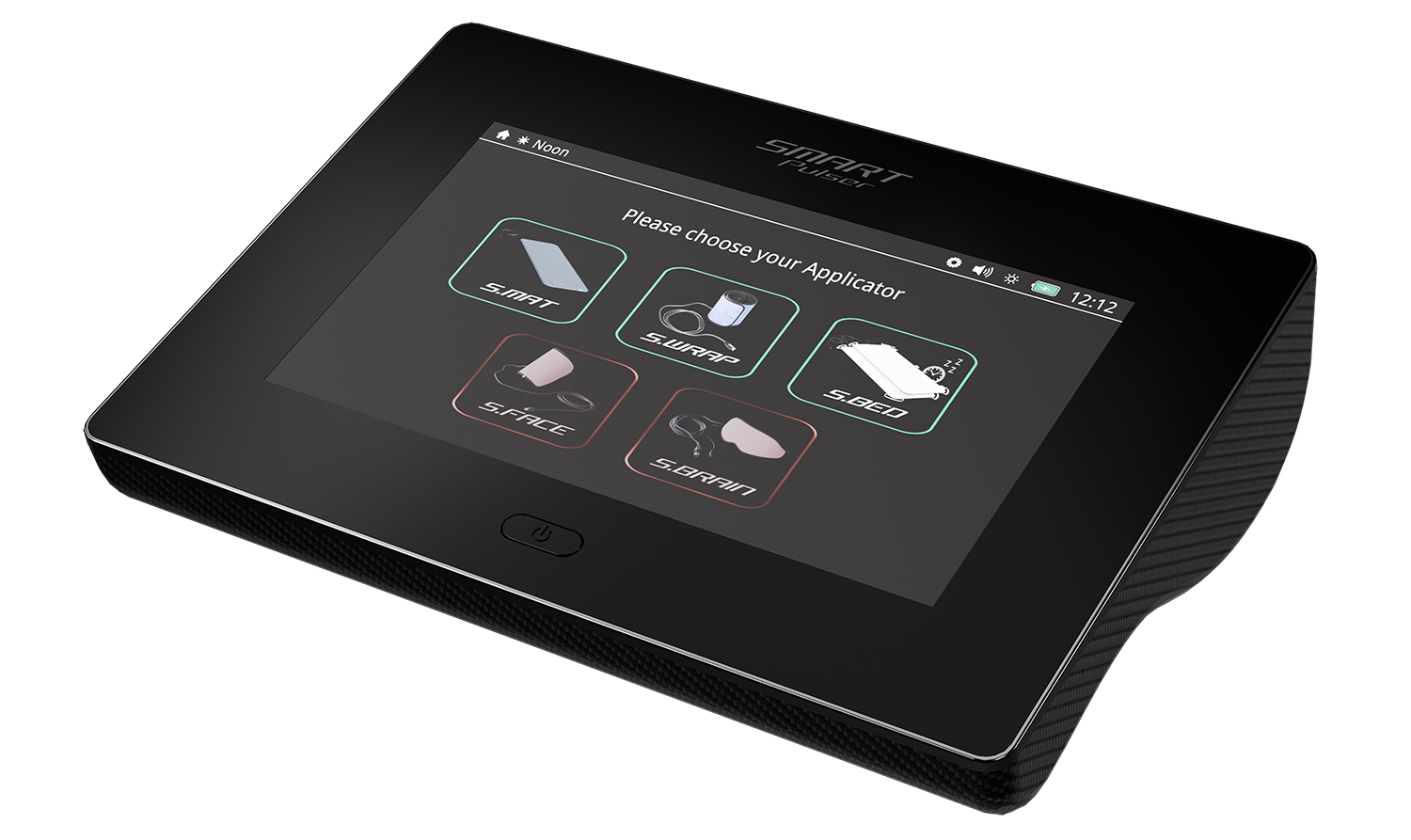 SmartPulser touchscreen control unit showing applicator selection and program navigation