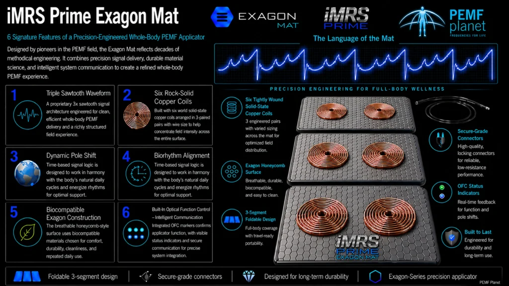 iMRS Prime Exagon Mat Swiss Bionic PEMF mat infographic showing triple sawtooth waveform, copper coil structure, and full-body PEMF mat design