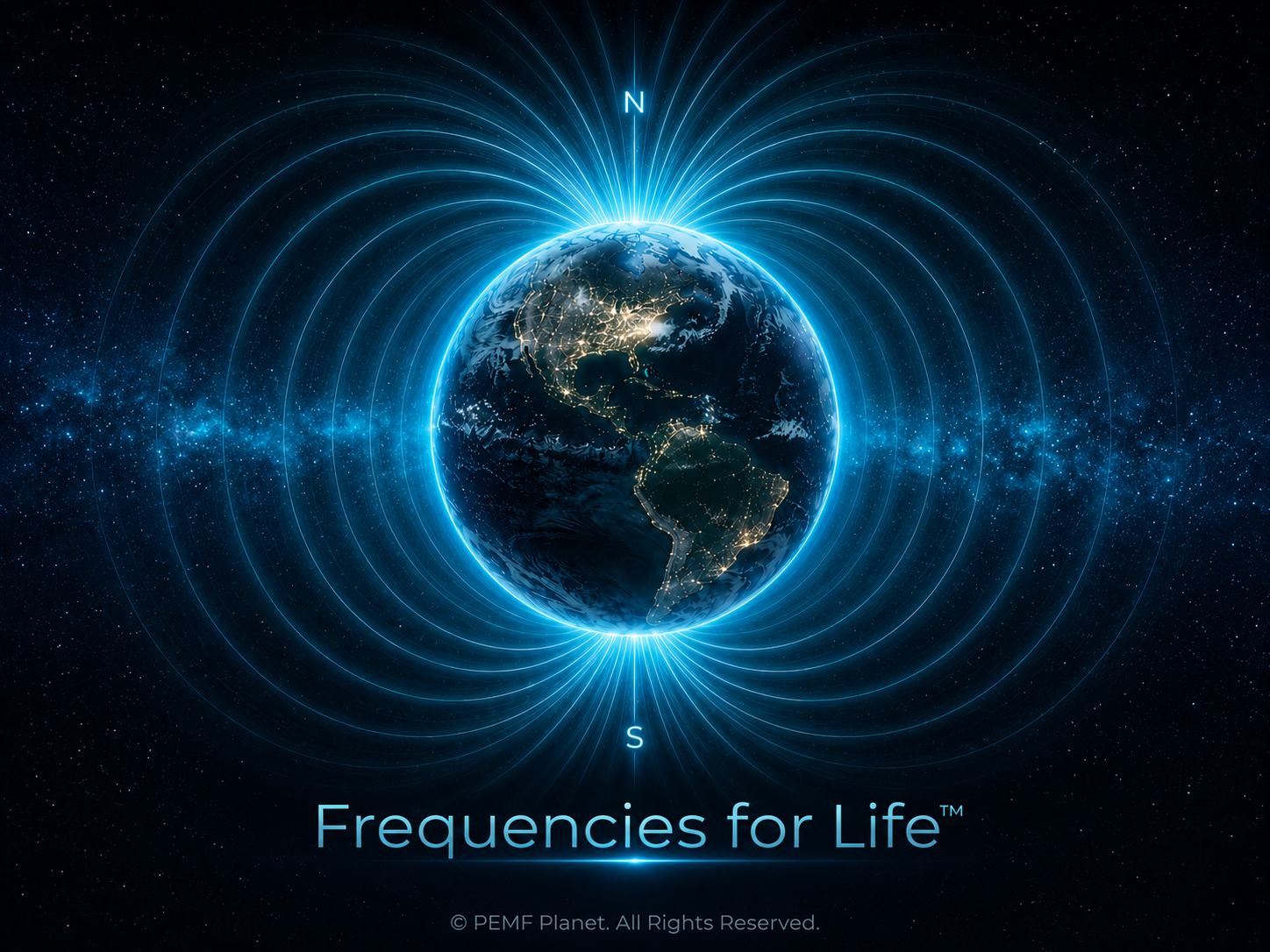 Glowing Earth with magnetic field lines and the PEMF Planet slogan Frequencies for Life™